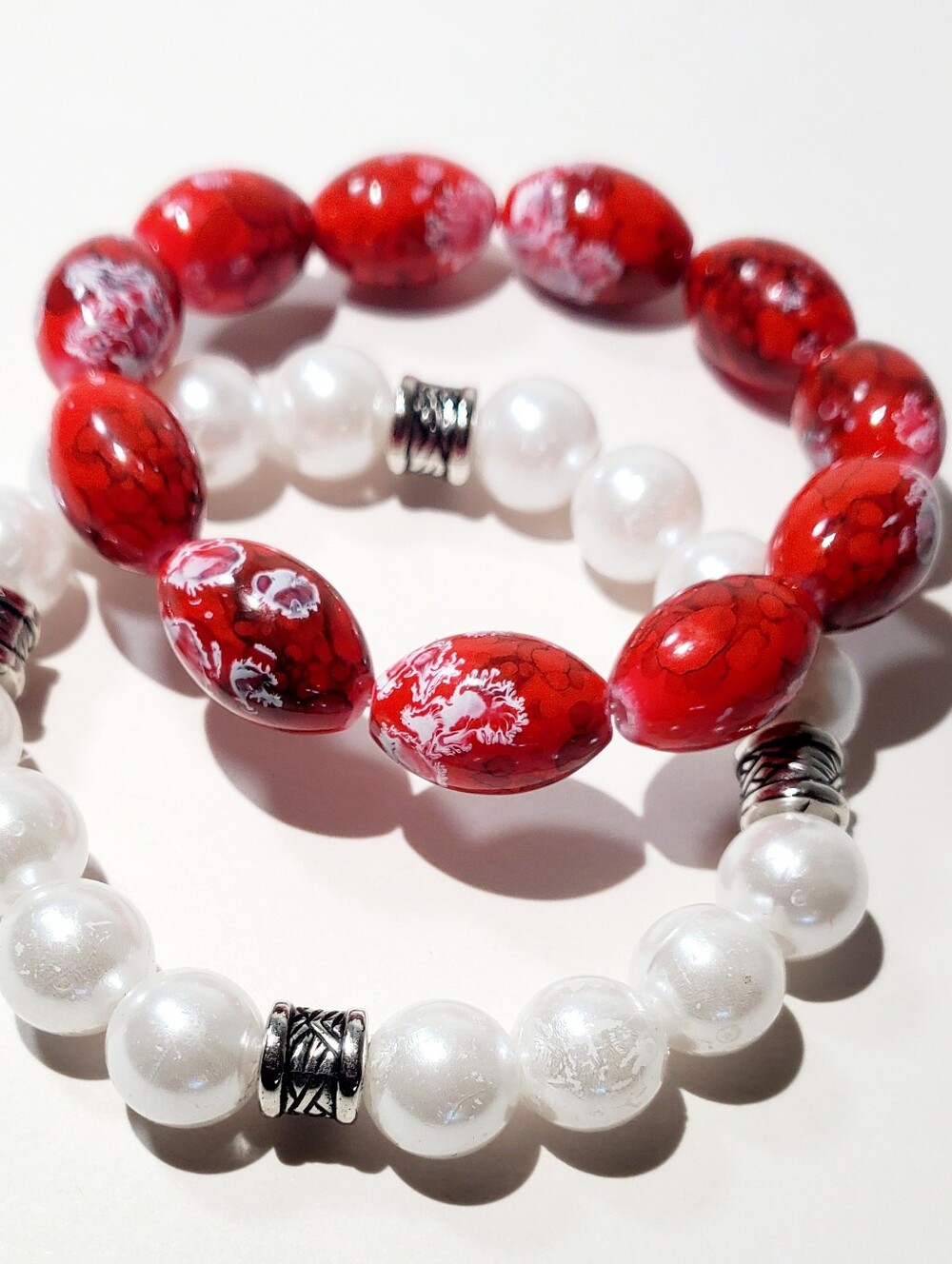 Elegant Red & White Beaded Stretch Bracelet Set